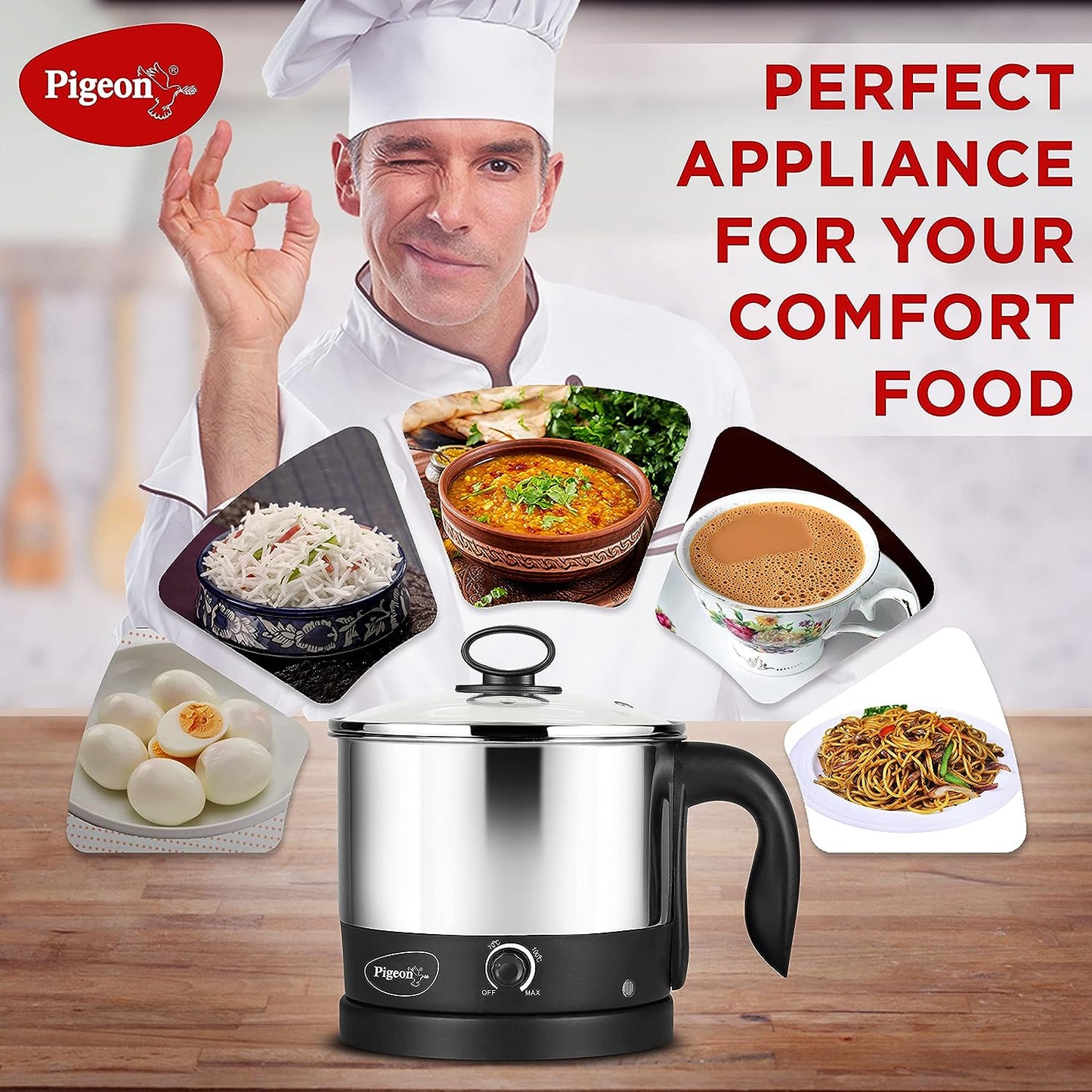 Pigeon Kessel 1.2 Litres with Stainless Steel Body, Multipurpose Kettle 600 Watt, Used for Boiling Water and Milk, Tea, Coffee, Oats, Noodles, Soup etc - 14432