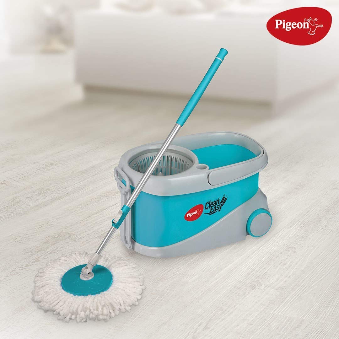 Pigeon Spin Mop-LX with Big Wheels and PVC Wringer Mop Set for Wet and Dry Floor/Wall (Aqua Green, 2 Refills), Large - 14556