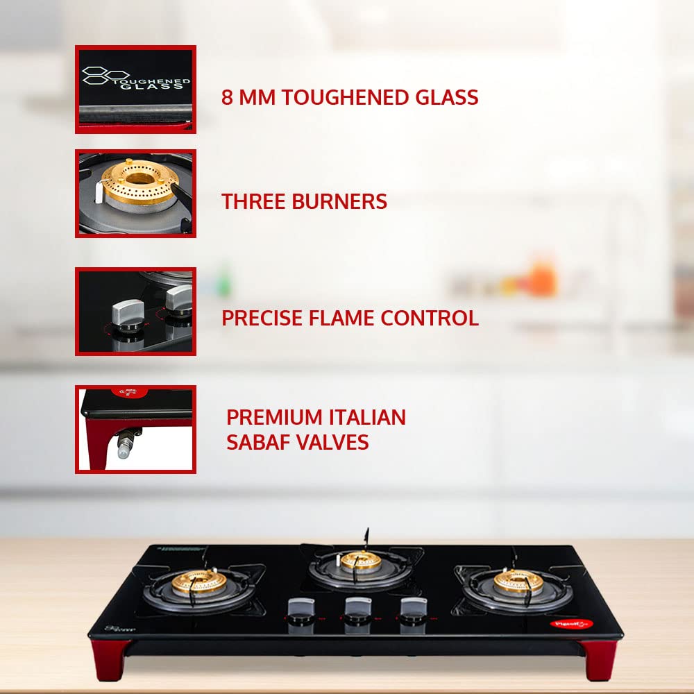 Pigeon Infinity 3 Burner Glasstop Gas Stove, Manual Ignition - 12631
