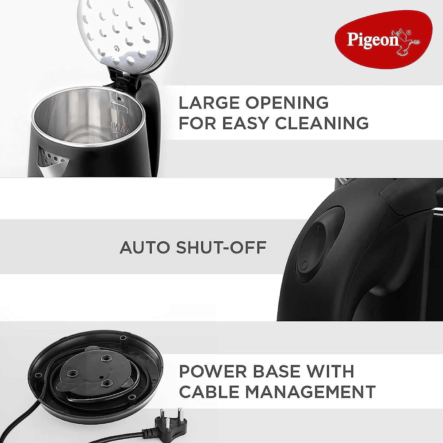 Pigeon Ebony Double Walled Cool Touch Stainless Steel Electric Kettle, 1.8 Litre, with 1500 Watt, boiler for Water, milk, tea, coffee, instant noodles, soup etc (Black) - 14762
