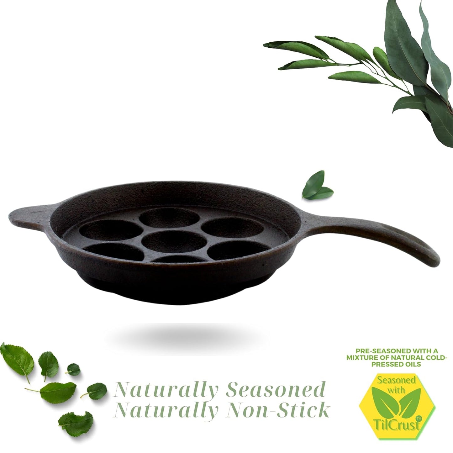 eKitchen ButterMold Pre-Seasoned Cast Iron Round 7 Pits Long Handle Paniyarakal | Paniyaram Pan | Paddu Kallu | Chatti | Induction Compatible