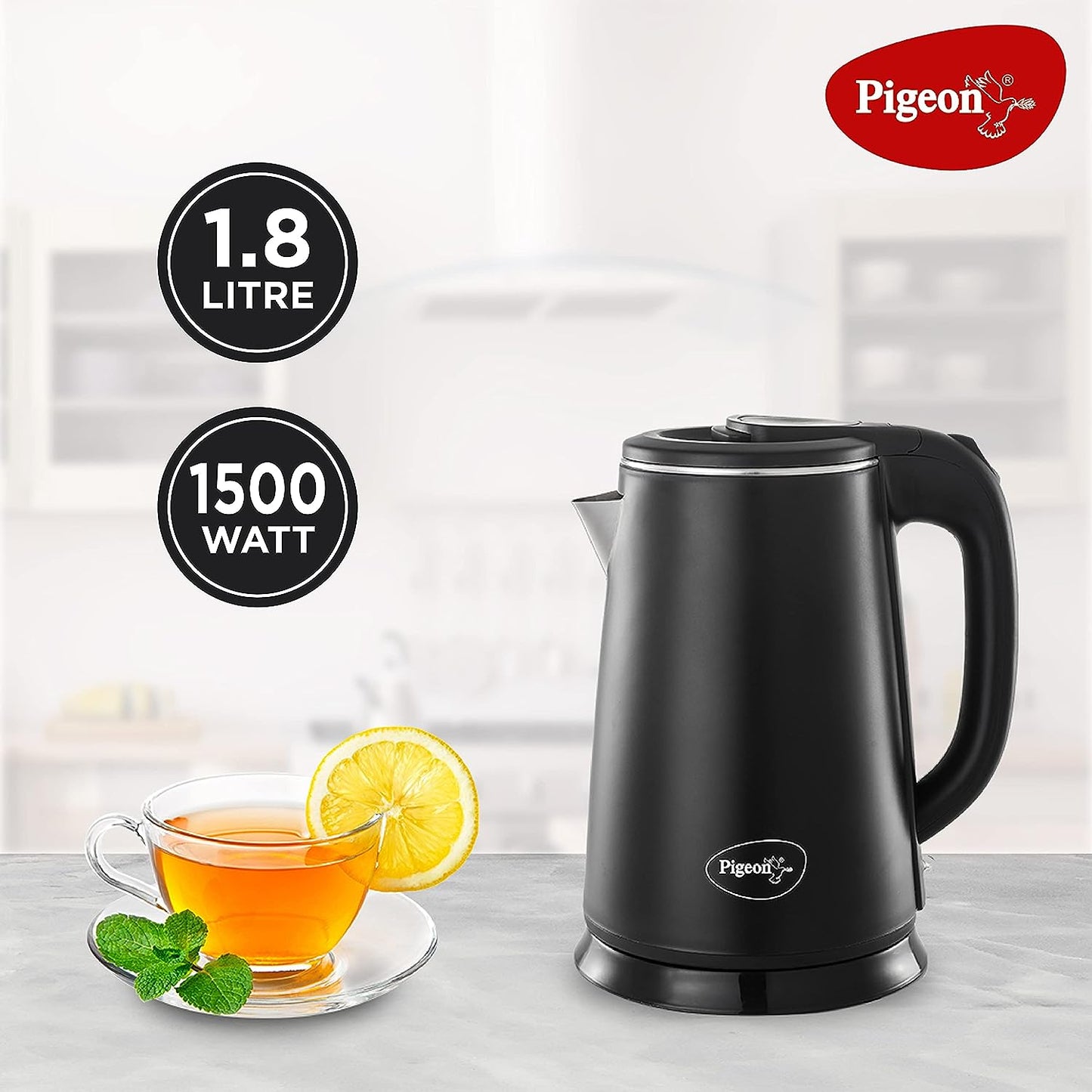 Pigeon Ebony Double Walled Cool Touch Stainless Steel Electric Kettle, 1.8 Litre, with 1500 Watt, boiler for Water, milk, tea, coffee, instant noodles, soup etc (Black) - 14762