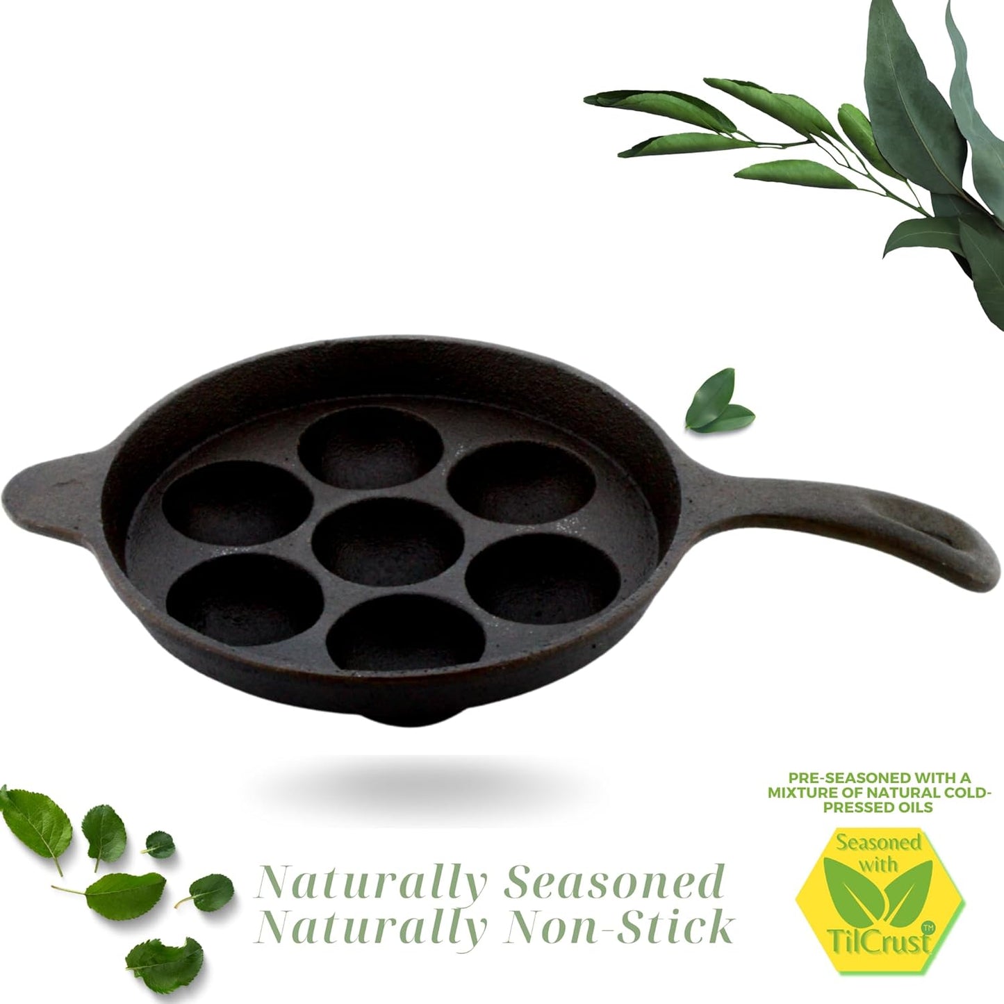 eKitchen ButterMold Pre-Seasoned Cast Iron Round 7 Pits Long Handle Paniyarakal | Paniyaram Pan | Paddu Kallu | Chatti | Induction Compatible