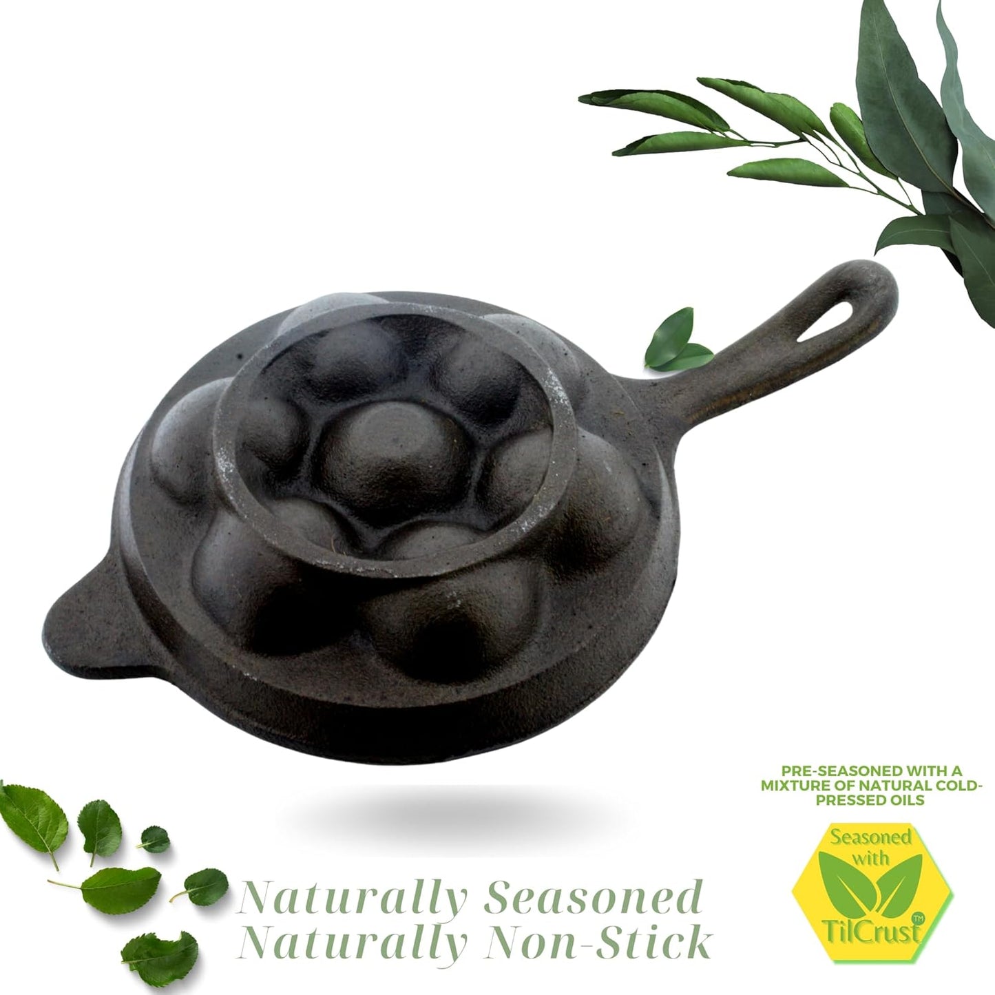 eKitchen ButterMold Pre-Seasoned Cast Iron Round 7 Pits Long Handle Paniyarakal | Paniyaram Pan | with Heat Proof Silicone Sleeve | Induction Compatible