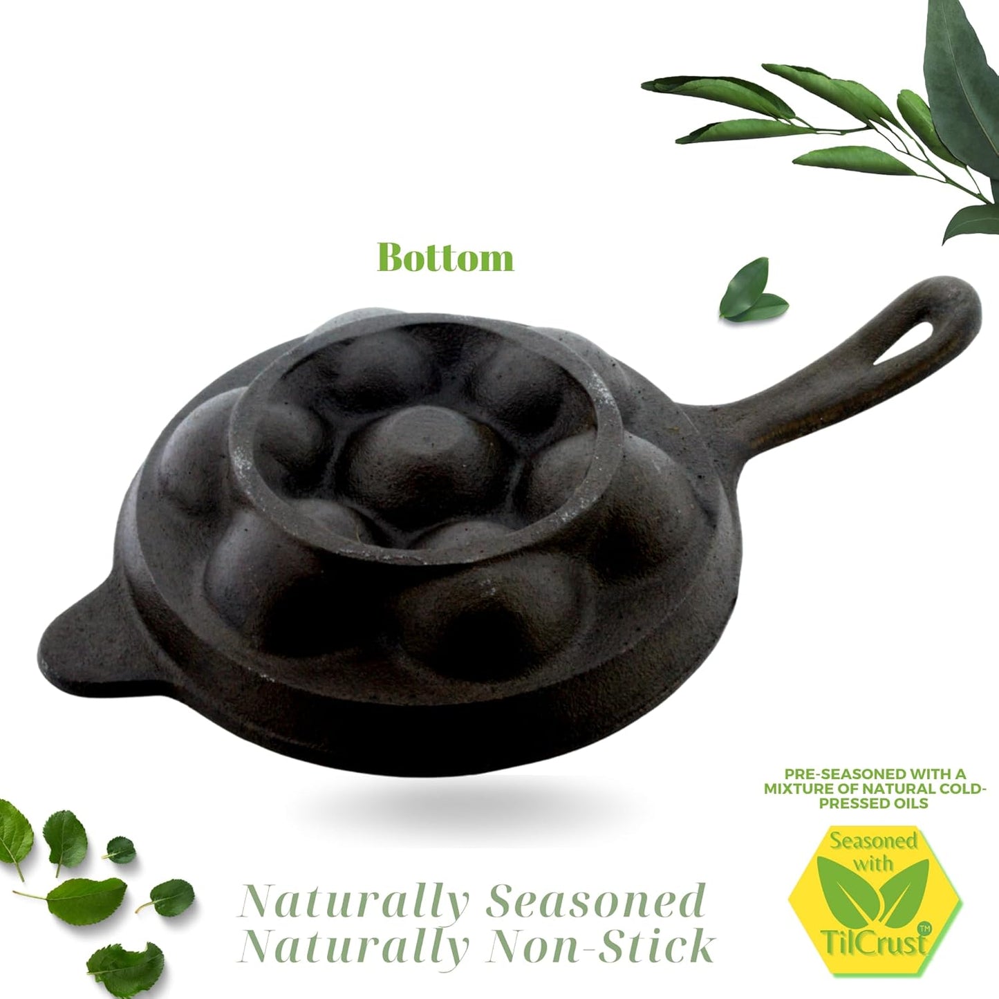 eKitchen ButterMold Pre-Seasoned Cast Iron Round 7 Pits Long Handle Paniyarakal | Paniyaram Pan | Paddu Kallu | Chatti | Induction Compatible