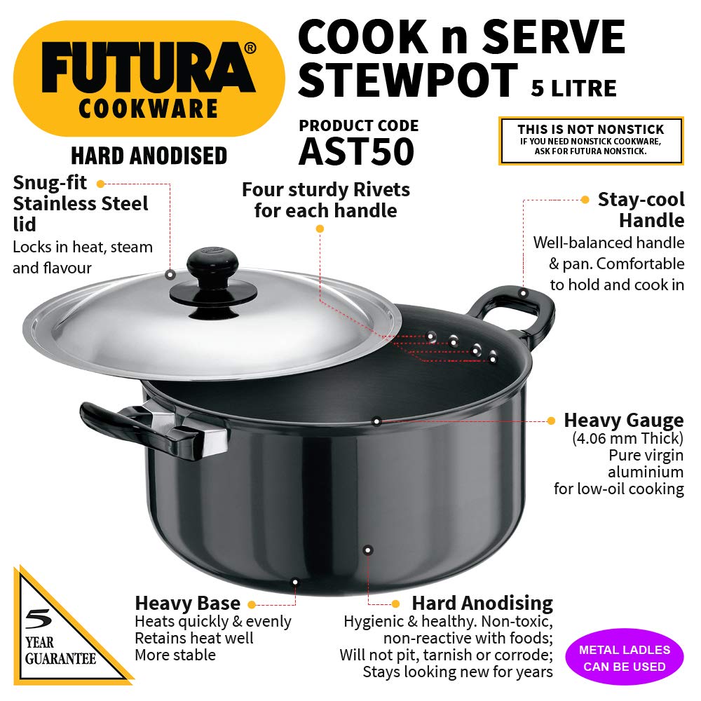 Hawkins Futura Hard anodised Cook and Serve Stew Pot | Casserole With Stainless Steel Lid 5 Litres | 24 cms, 4.06mm - AST 50