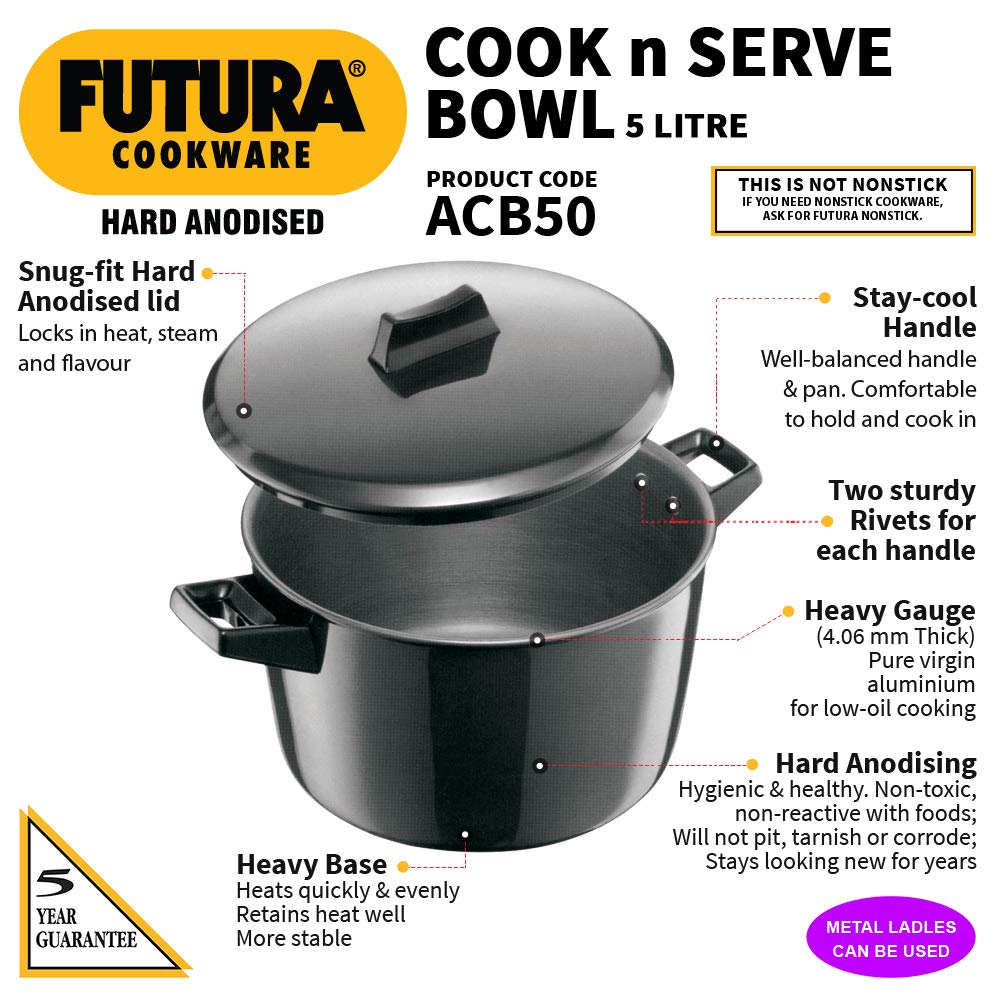 Hawkins Futura Hard anodised Cook and Serve Bowl | Casserole 5 Litres | 24 cms, 4.06mm - ACB 50