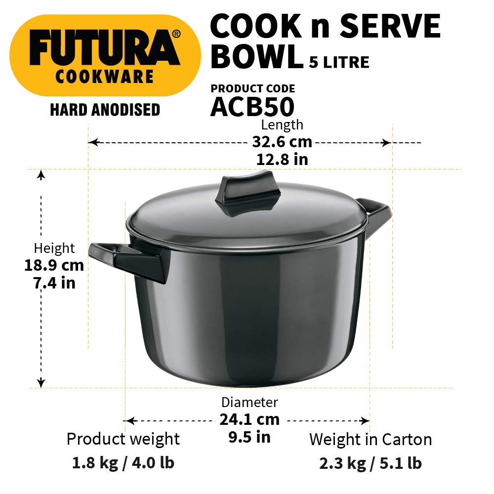 Hawkins Futura Hard anodised Cook and Serve Bowl | Casserole 5 Litres | 24 cms, 4.06mm - ACB 50