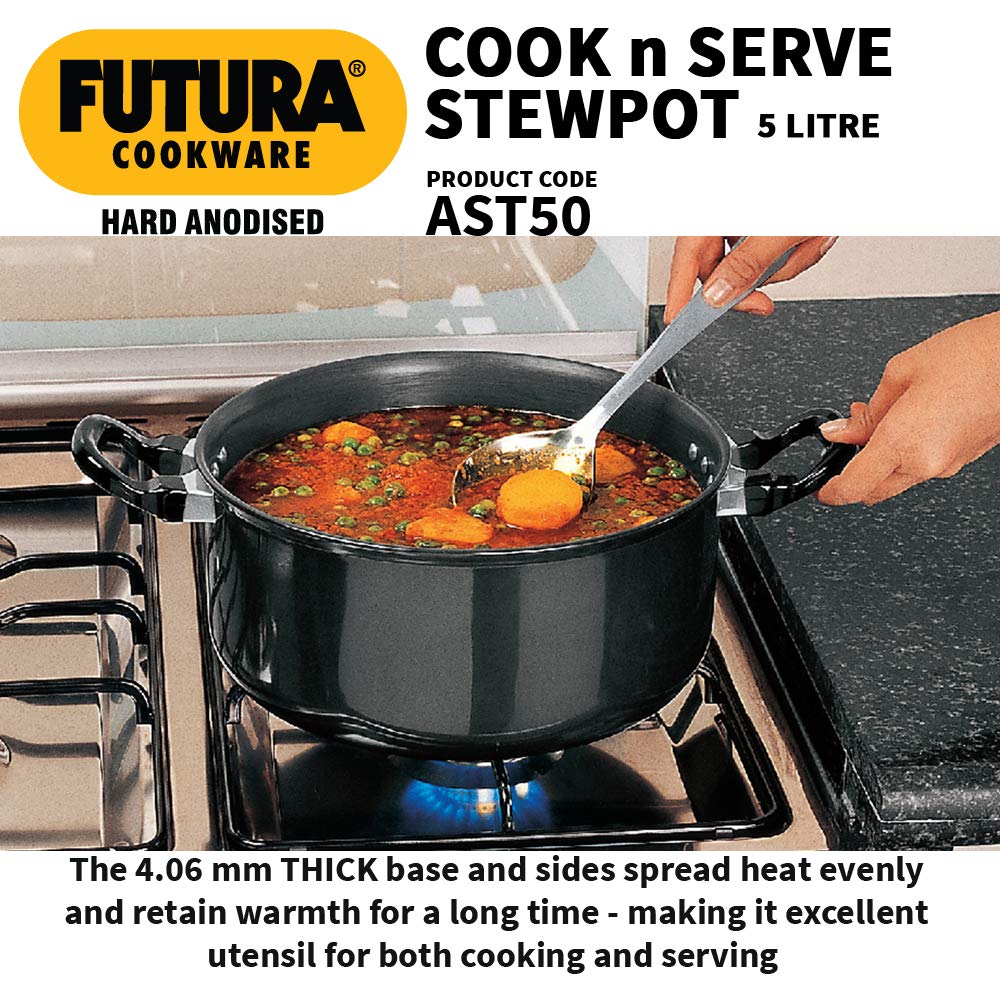 Hawkins Futura Hard anodised Cook and Serve Stew Pot | Casserole With Stainless Steel Lid 5 Litres | 24 cms, 4.06mm - AST 50