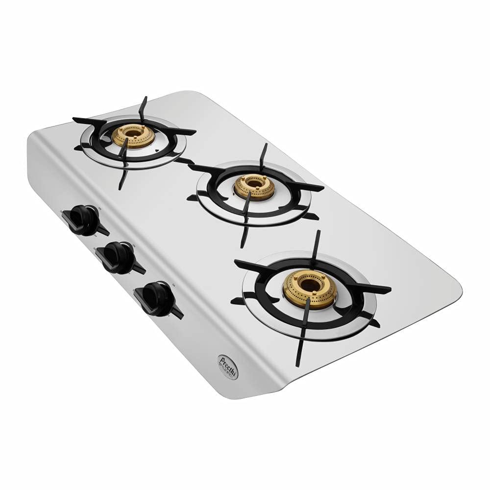 Preethi Stylo Steel Slim 3 burner Stainless Steel Gas Stove, Manual Ignition - SSGS011