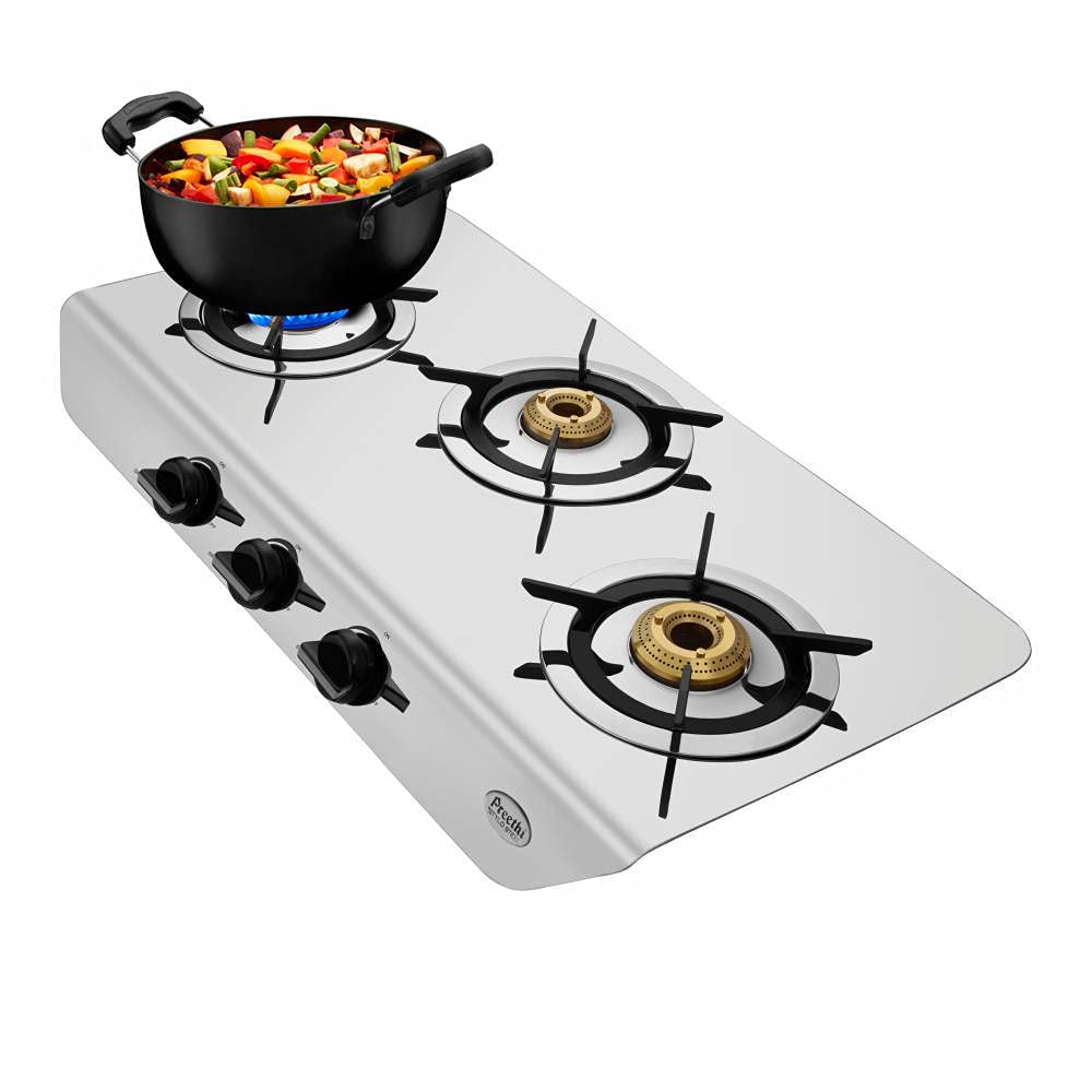 Preethi Stylo Steel Slim 3 burner Stainless Steel Gas Stove, Manual Ignition - SSGS011