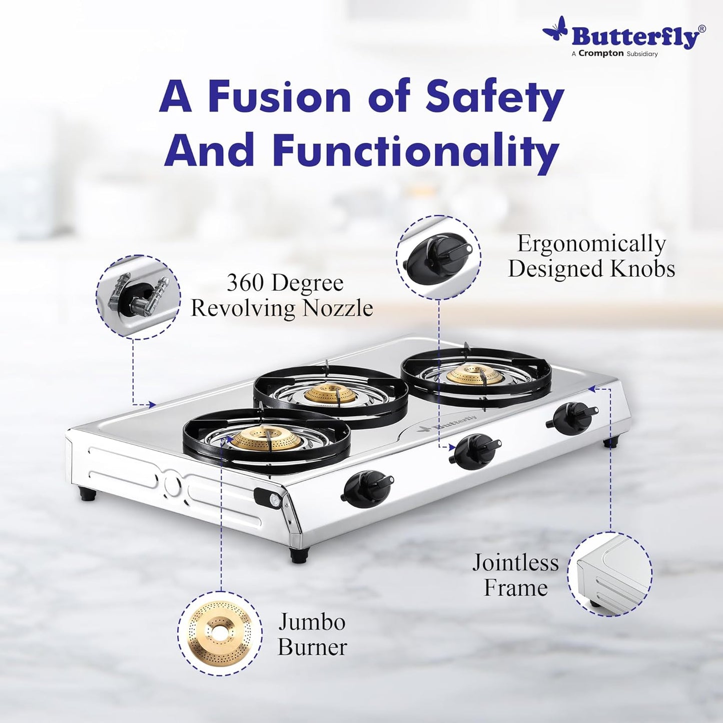 Butterfly Bolt Shakti 3 Burner Stainless Steel LPG Gas Stove