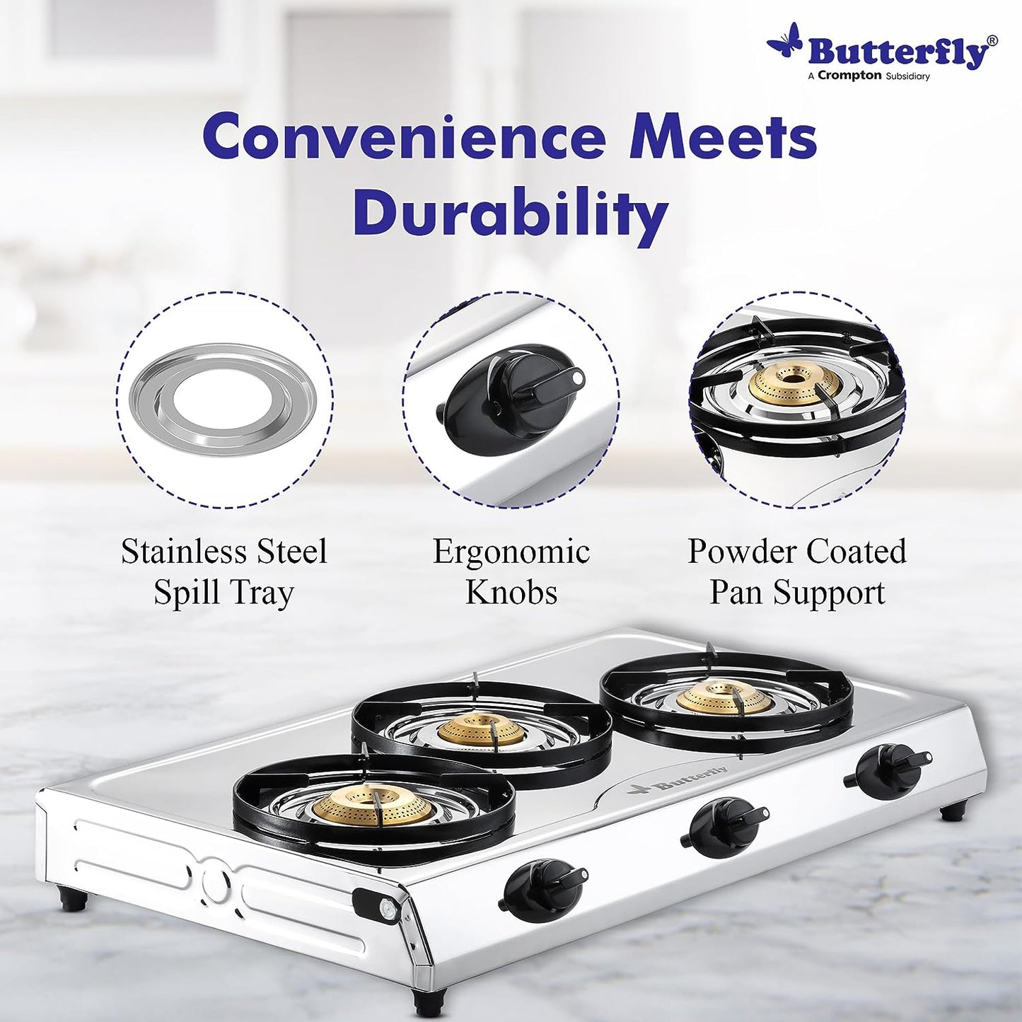 Butterfly Bolt Shakti 3 Burner Stainless Steel LPG Gas Stove