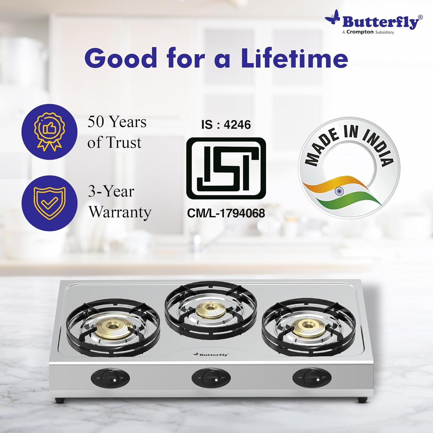 Butterfly Bolt Shakti 3 Burner Stainless Steel LPG Gas Stove