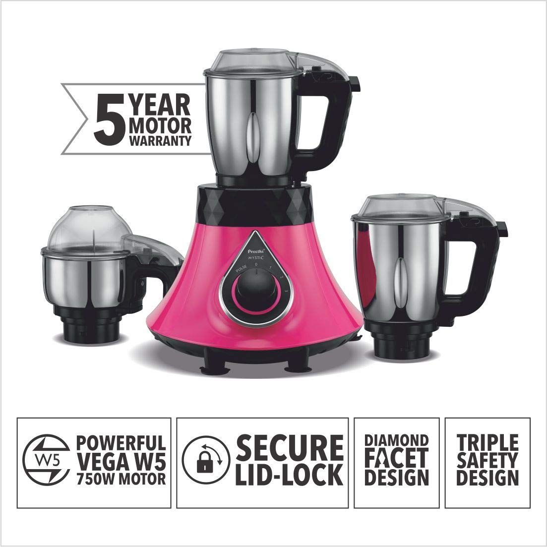 Preethi Mystic MG238 Mixer Grinder, 750 watt with 3 Jars, Pink
