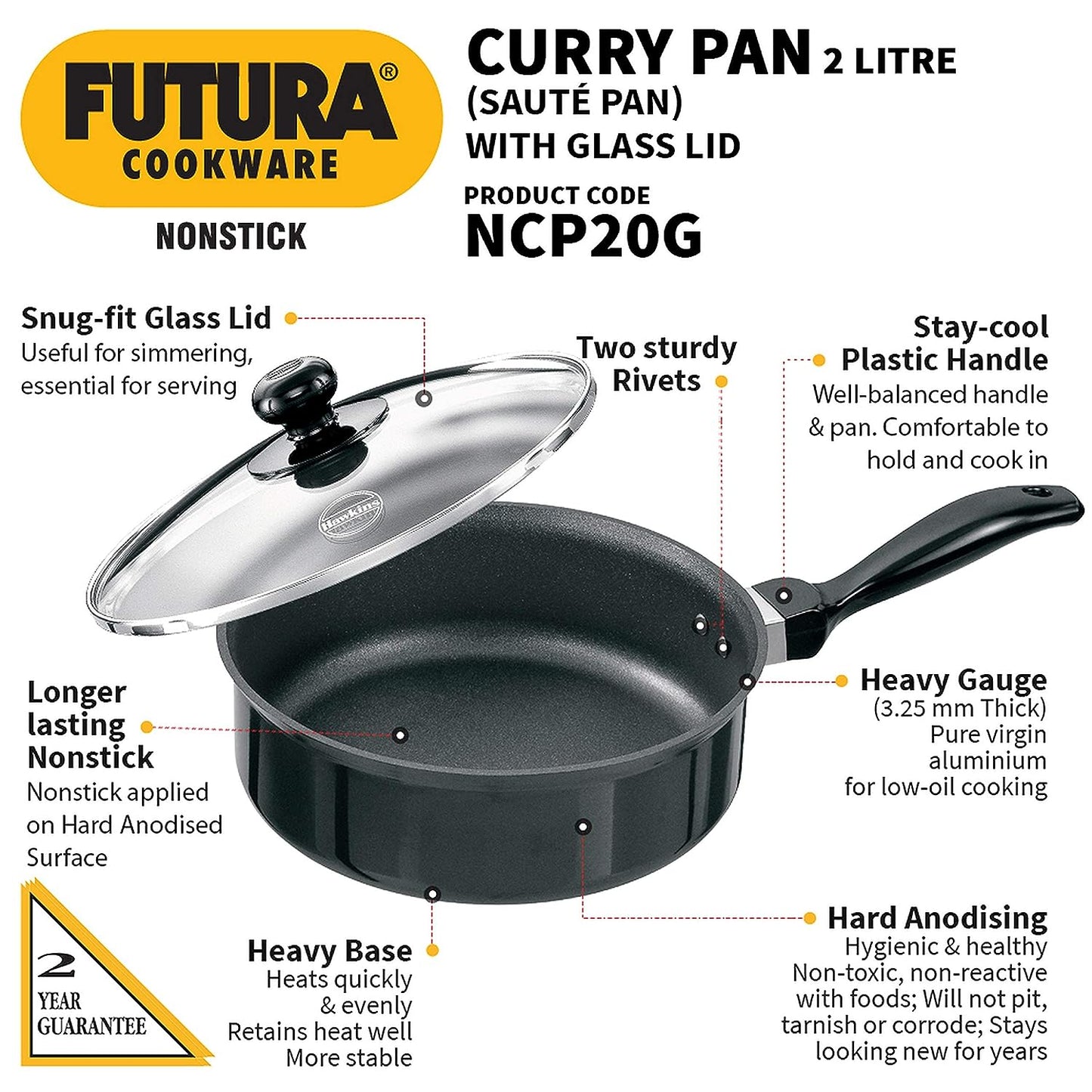 Hawkins Futura Nonstick Curry Pan (Saute Pan) With Glass Lid 2 Litres | 20 cm, 3.25 mm - NCP 20G