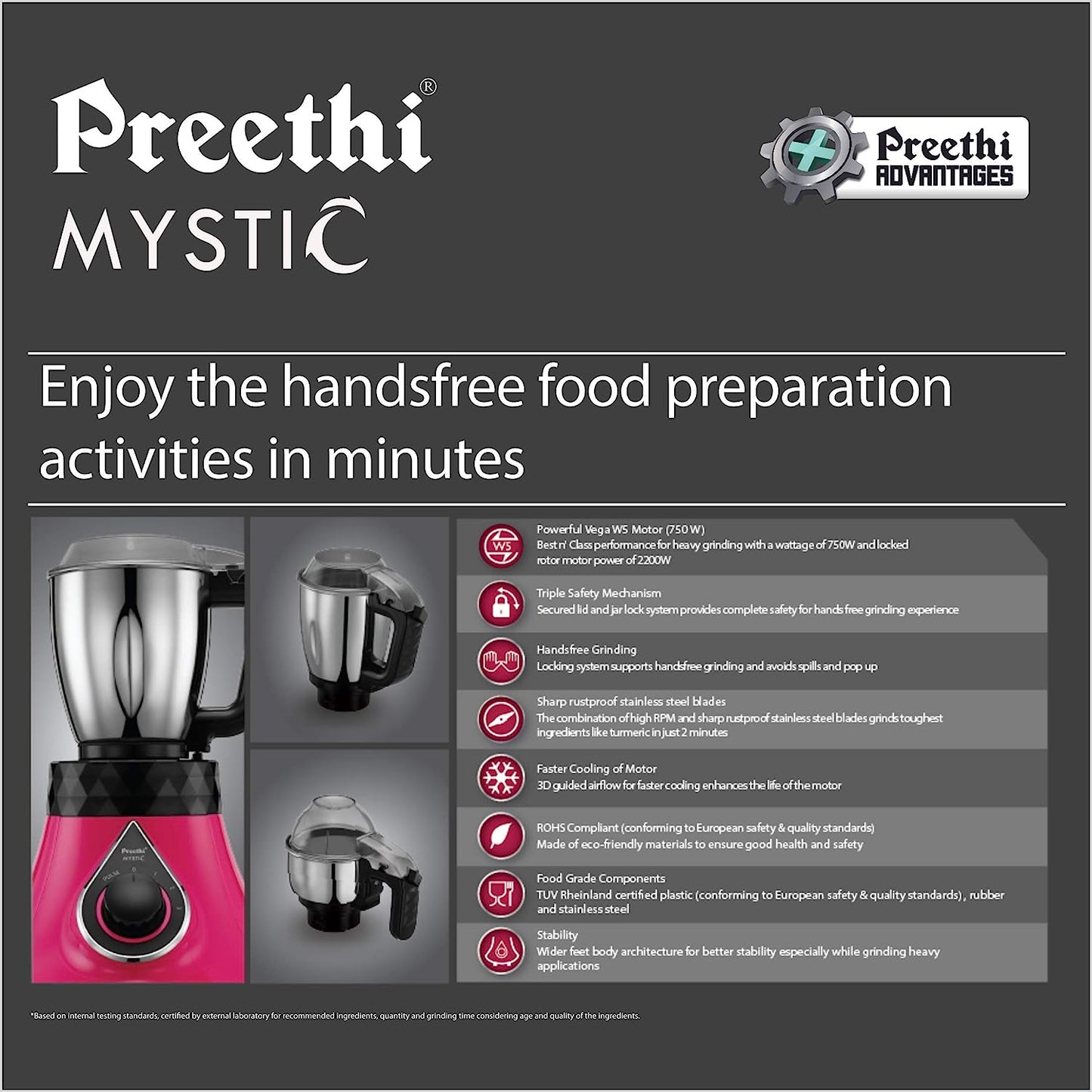 Preethi Mystic MG238 Mixer Grinder, 750 watt with 3 Jars, Pink