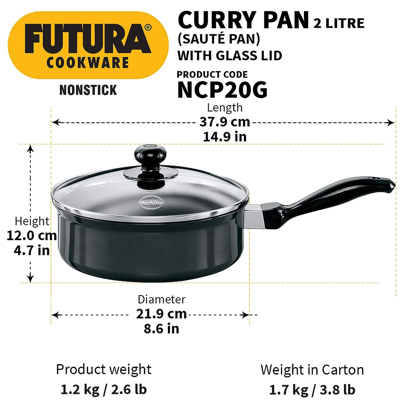 Hawkins Futura Nonstick Curry Pan (Saute Pan) With Glass Lid 2 Litres | 20 cm, 3.25 mm - NCP 20G