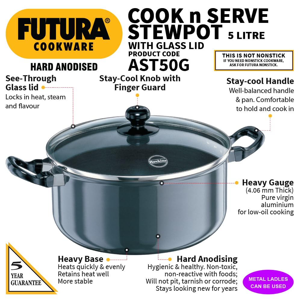 Hawkins Futura Hard anodised Cook and Serve Stew Pot | Casserole With Stainless Steel Lid 5 Litres | 24 cms, 4.06mm - AST 50G