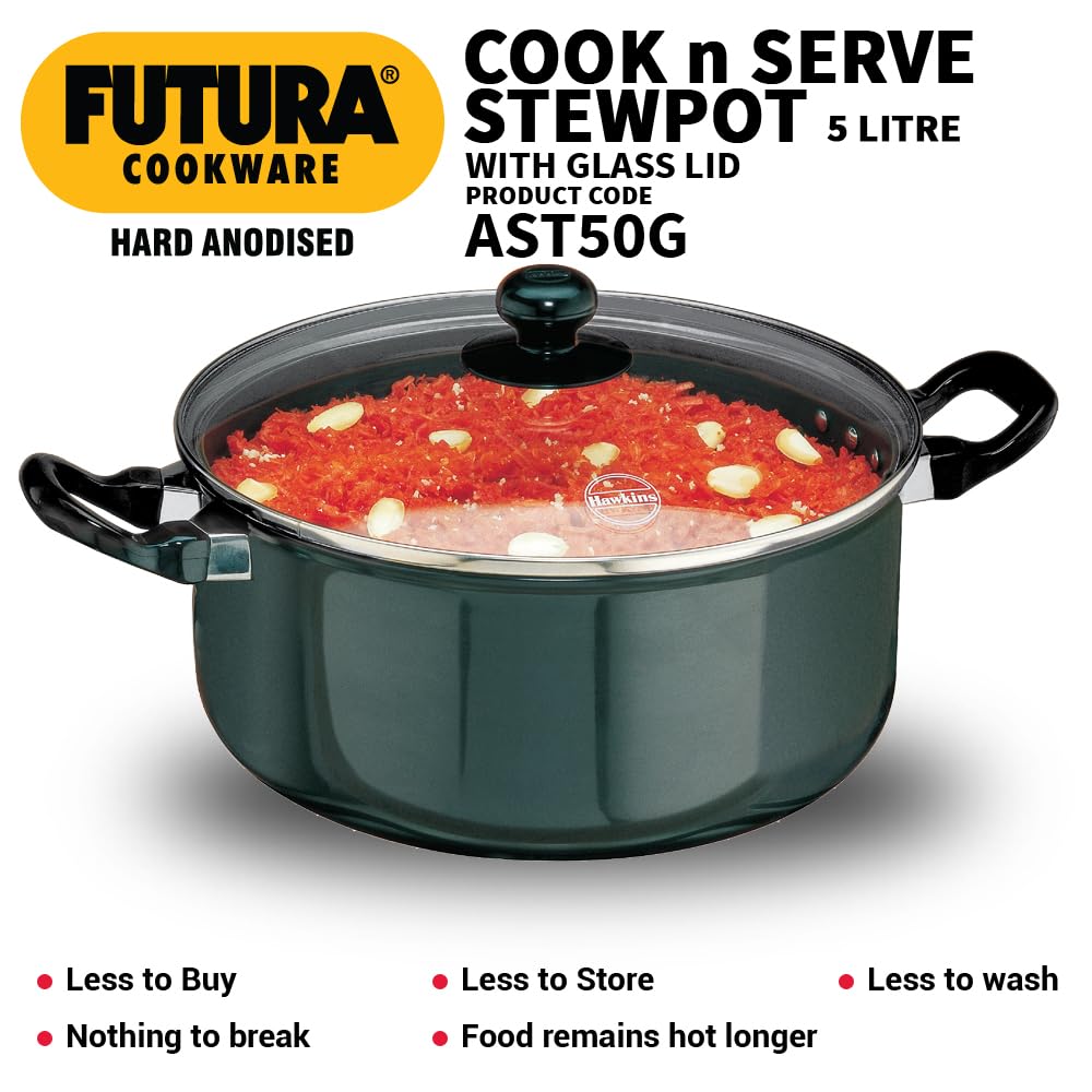 Hawkins Futura Hard anodised Cook and Serve Stew Pot | Casserole With Stainless Steel Lid 5 Litres | 24 cms, 4.06mm - AST 50G