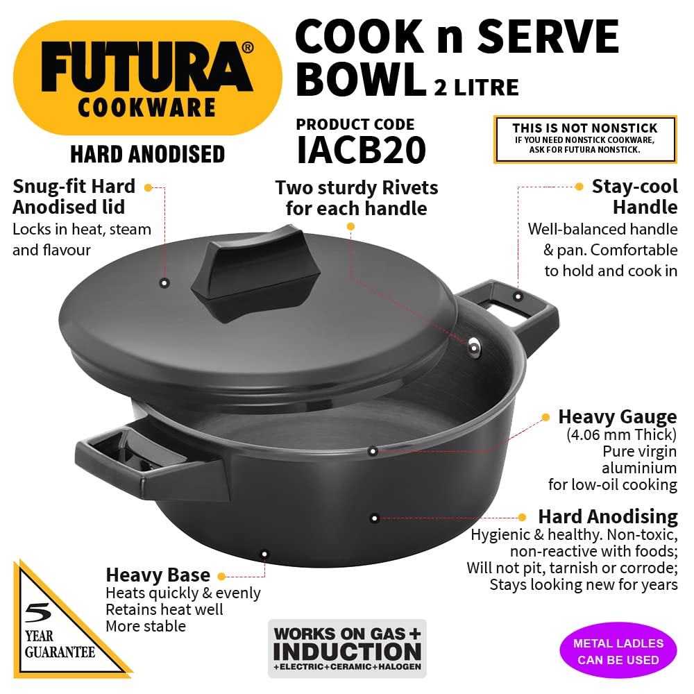 Hawkins Futura Hard anodised Cook and Serve Bowl | Casserole 2 Litres | 20 cms, 4.06mm, Induction Base -IACB 20