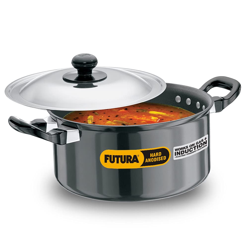 Hawkins Futura Hard anodised Cook and Serve Stew Pot | Casserole With Stainless Steel Lid 3 Litres | 20 cms, 3.25mm, Induction Base - INST 30