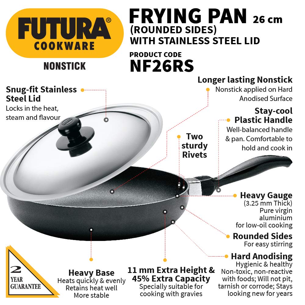 Hawkins Futura Non-stick Fry Pan With Stainless Steel Lid 26cms, 3.25mm, Rounded Sides - NF 26RS