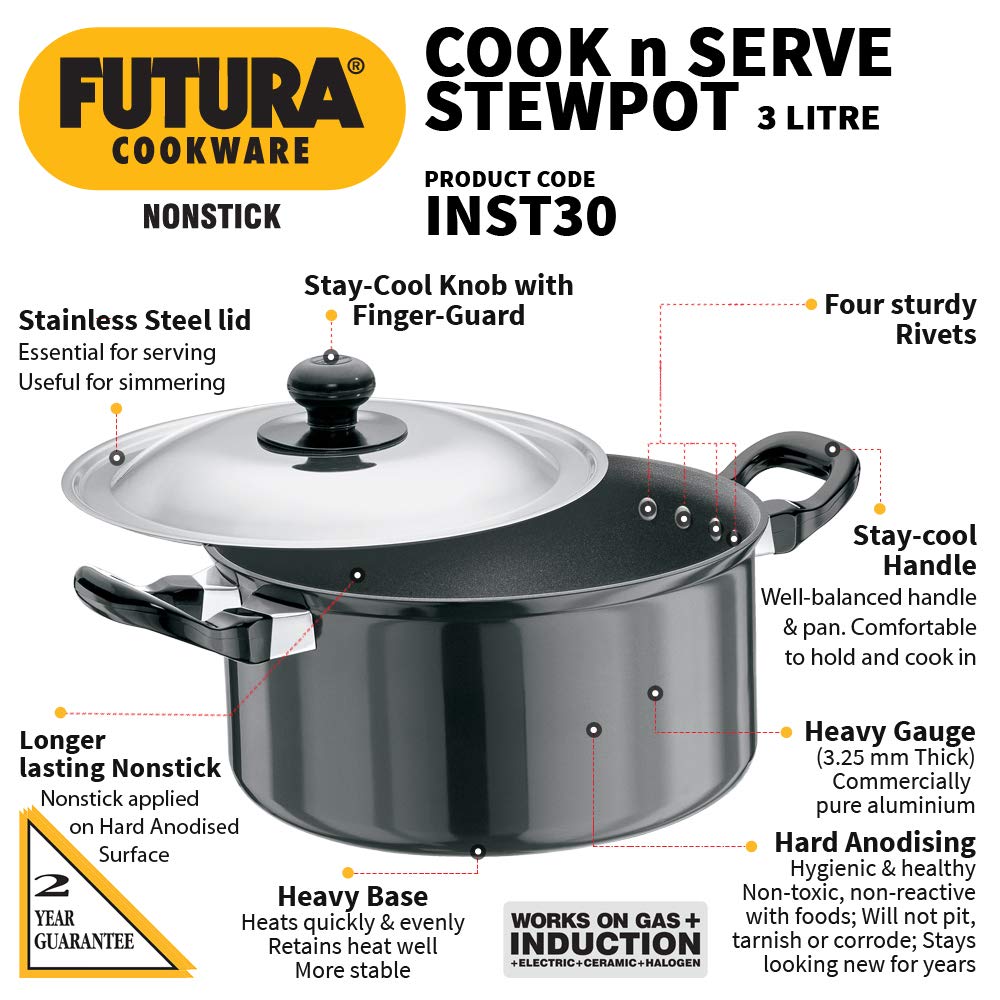 Hawkins Futura Hard anodised Cook and Serve Stew Pot | Casserole With Stainless Steel Lid 3 Litres | 20 cms, 3.25mm, Induction Base - INST 30