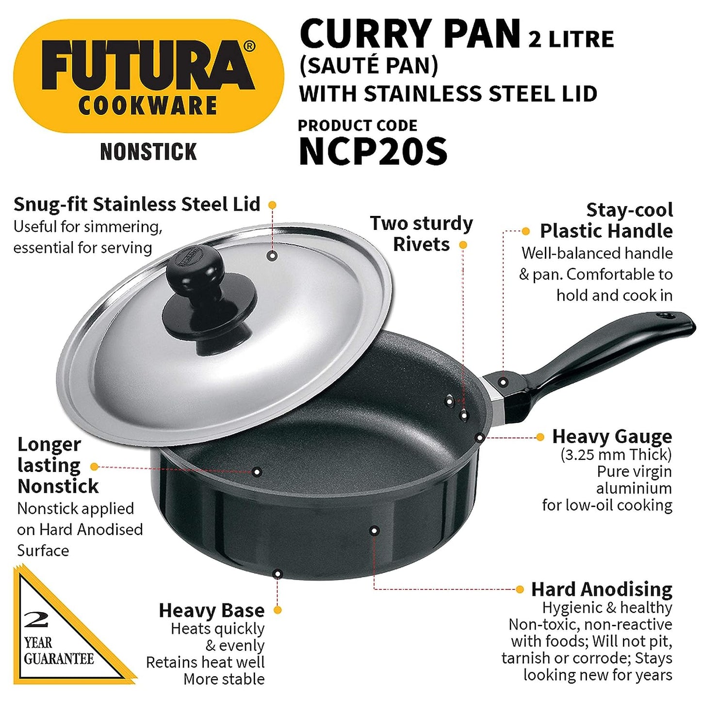 Hawkins Futura Nonstick Curry Pan (Saute Pan) With Stainless Steel Lid 2 Litres | 20 cm, 3.25 mm - NCP 20S
