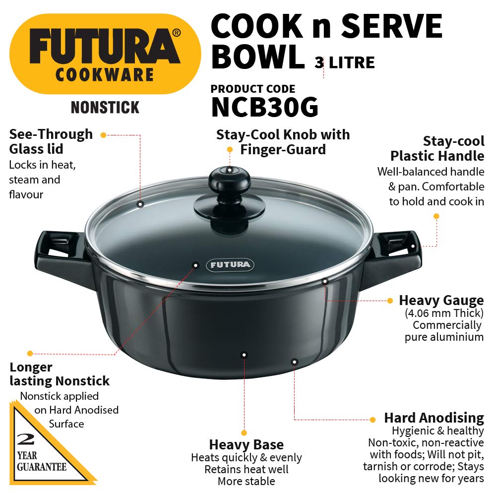 Hawkins Futura Hard anodised Cook and Serve Casserole With Glass Lid 3 Litres | 24 cms, 4.06mm - NCB 30G