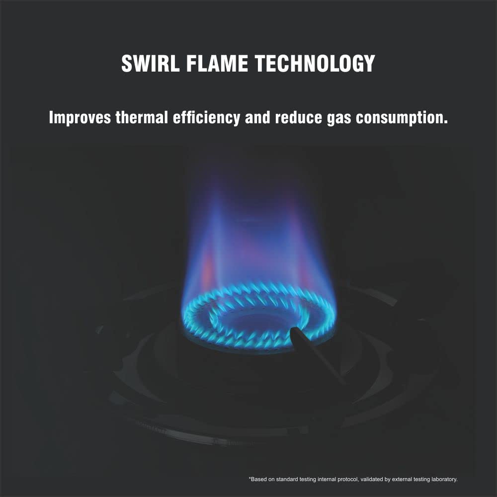 Preethi Bluflame Sparkle Power Duo 3 Burner Glass top Gas Stove with Power Burner and Swirl flame technology, saves gas and cooks faster, Manual Ignition, Black - GTS 403