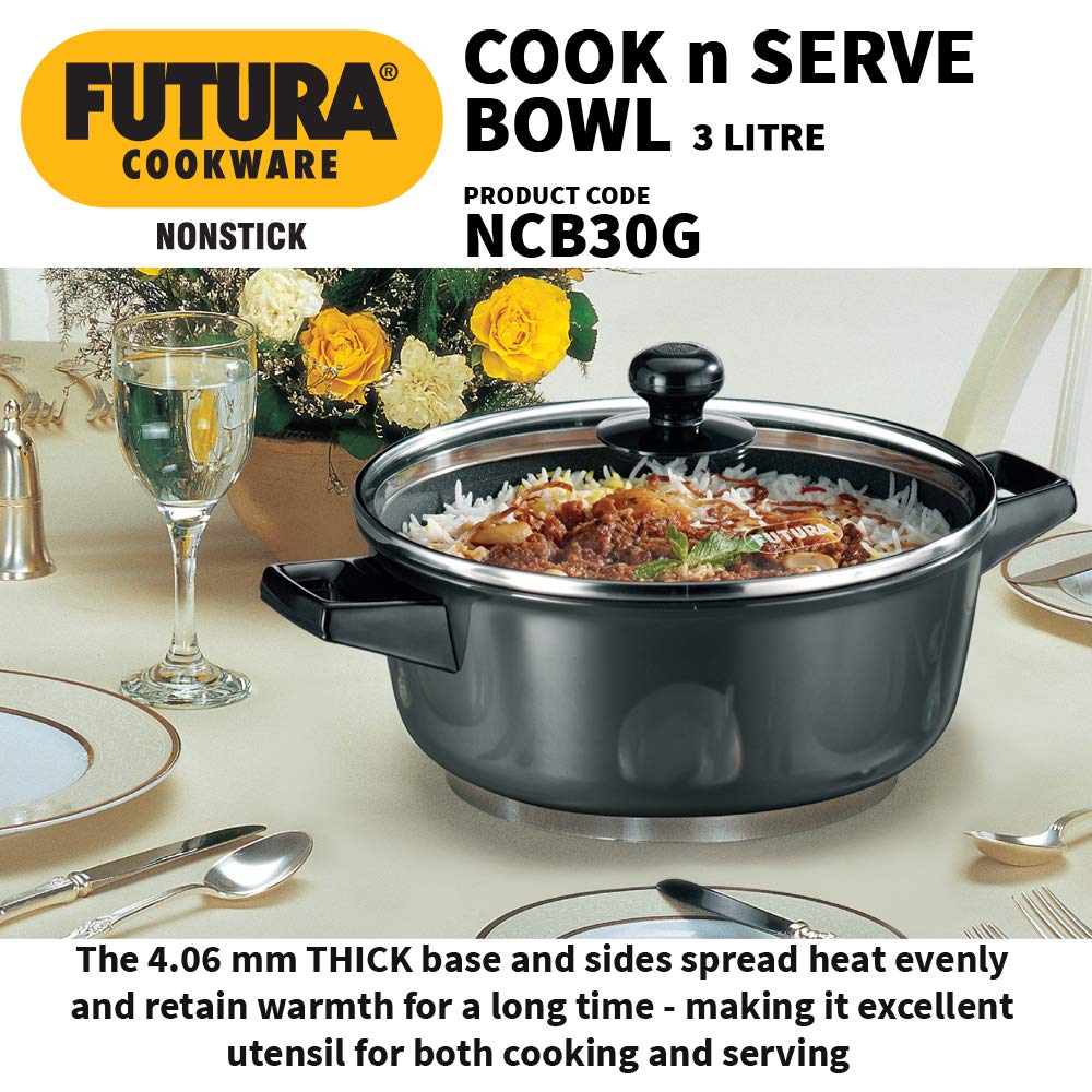 Hawkins Futura Hard anodised Cook and Serve Casserole With Glass Lid 3 Litres | 24 cms, 4.06mm - NCB 30G
