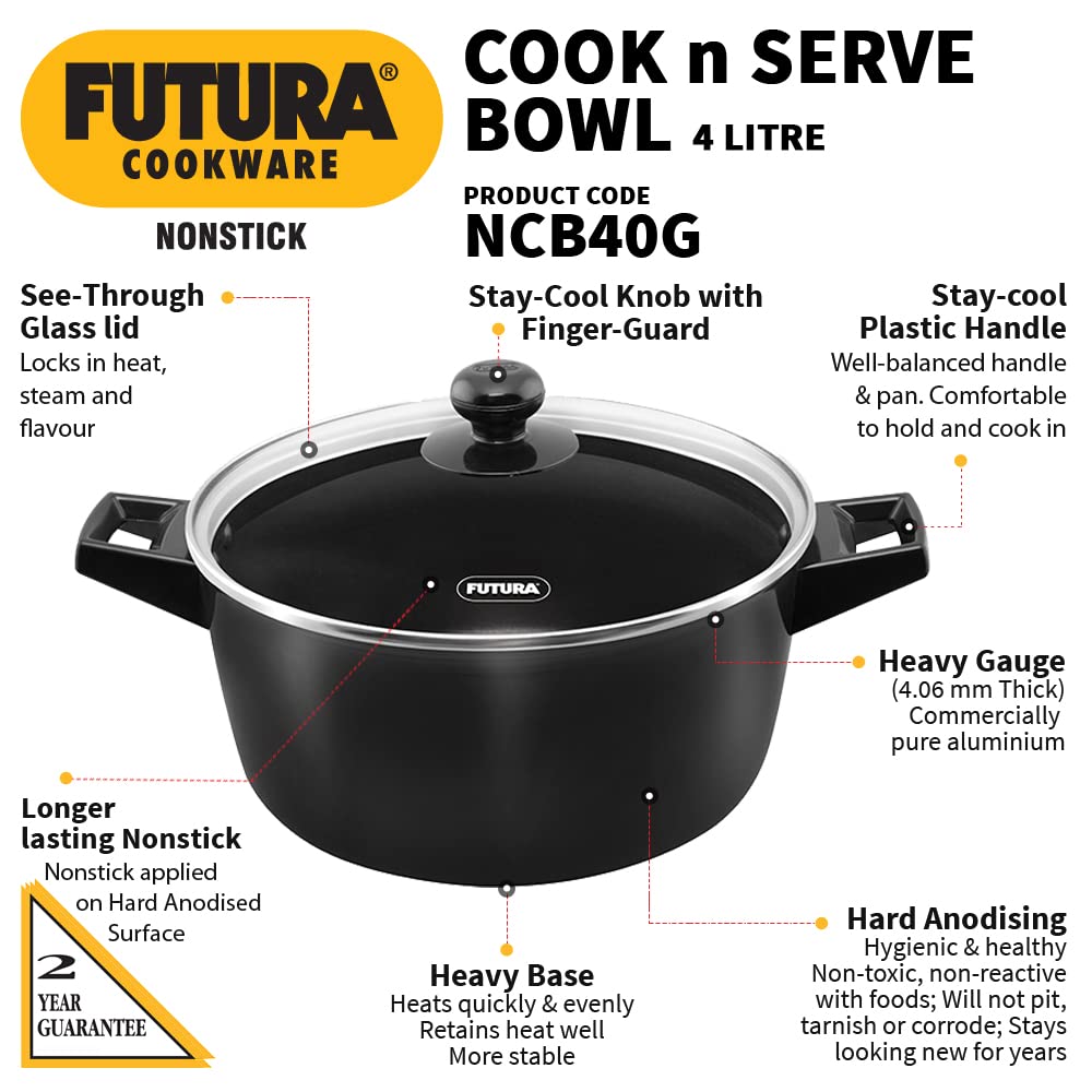 Hawkins Futura Hard anodised Cook and Serve Casserole With Glass Lid 4 Litres | 24 cms, 4.06mm - NCB 40G