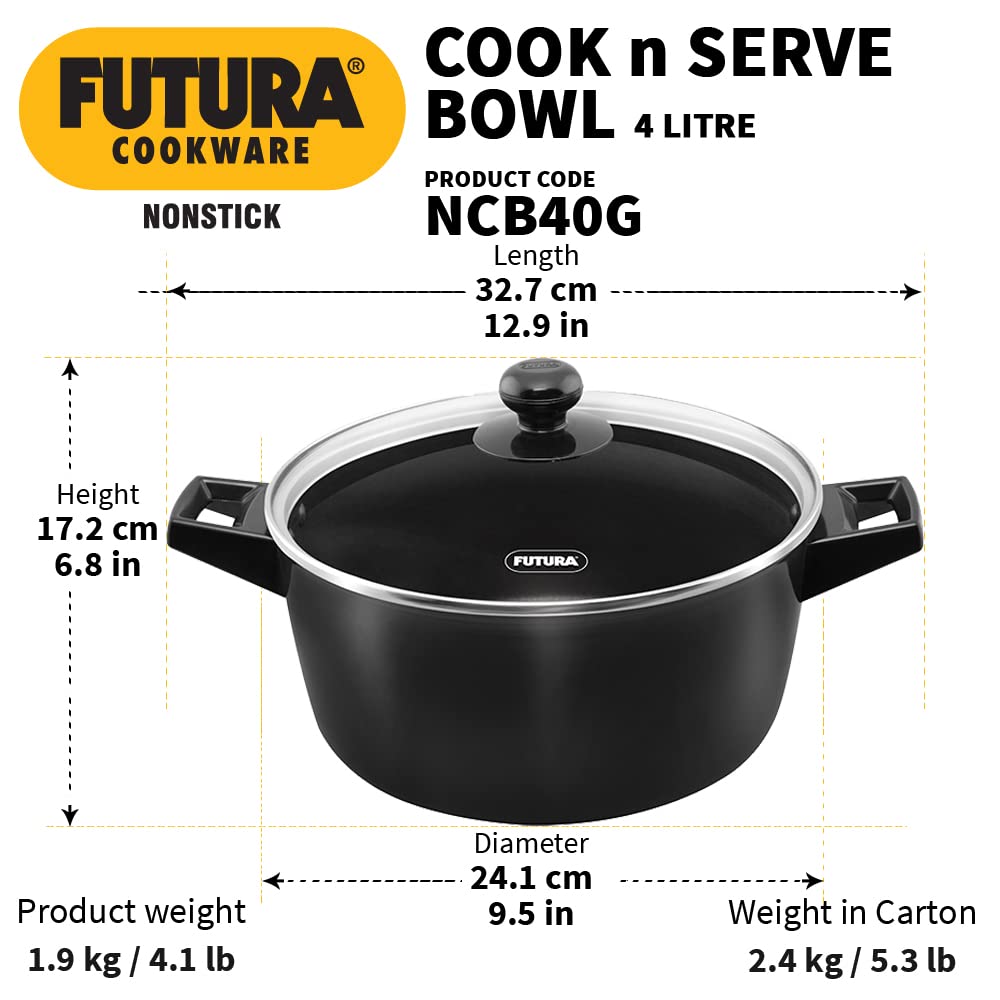 Hawkins Futura Hard anodised Cook and Serve Casserole With Glass Lid 4 Litres | 24 cms, 4.06mm - NCB 40G