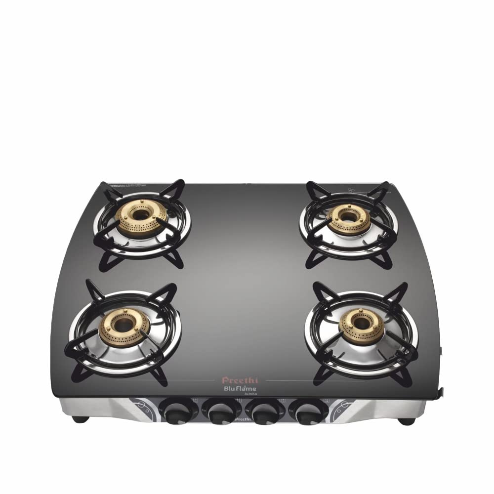 Preethi Blu Flame Jumbo Glass top 4 Burner Gas Stove, Manual Ignition, Black - GTGS 006