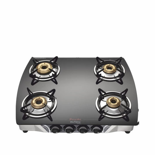 Preethi Blu Flame Jumbo Glass top 4 Burner Gas Stove, Manual Ignition, Black - GTGS 006