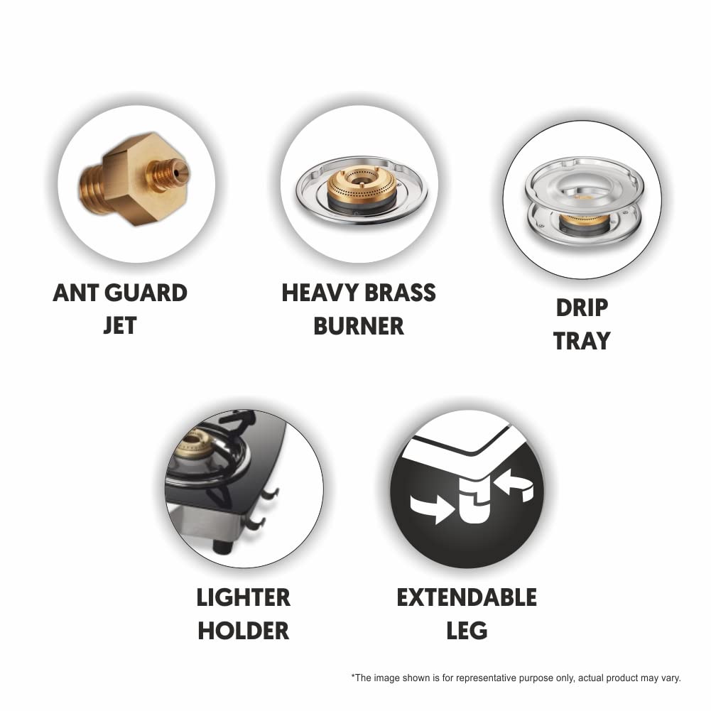 Preethi Blu Flame Jumbo Glass top 4 Burner Gas Stove, Manual Ignition, Black - GTGS 006