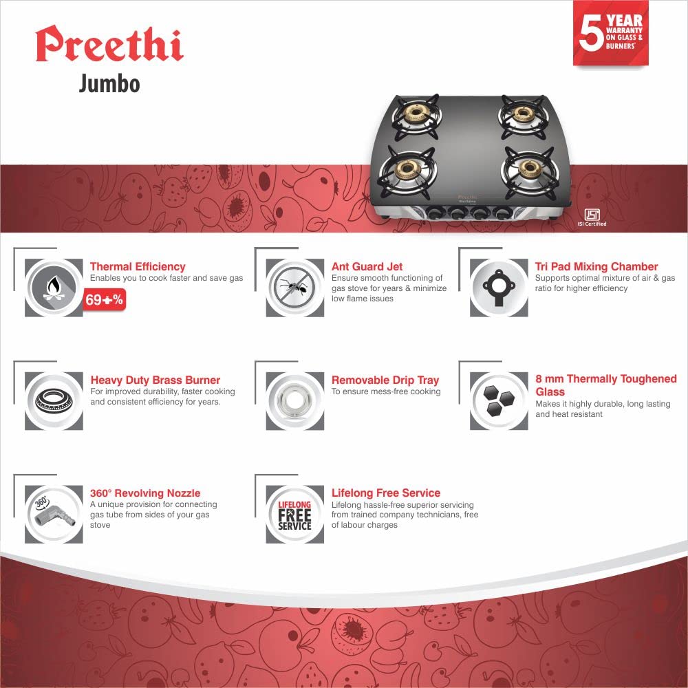Preethi Blu Flame Jumbo Glass top 4 Burner Gas Stove, Manual Ignition, Black - GTGS 006