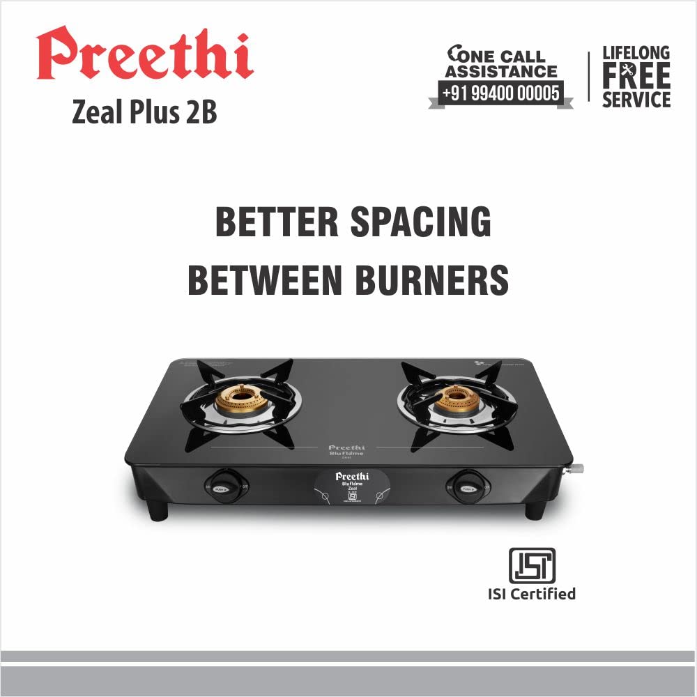 Preethi Blu Flame Zeal Plus Glass Top 2-Burner Manual Ignition Gas Stove - GTS 409