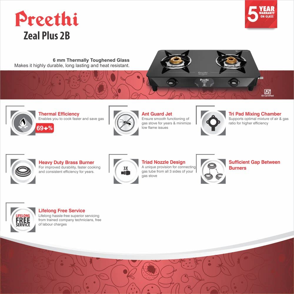 Preethi Blu Flame Zeal Plus Glass Top 2-Burner Manual Ignition Gas Stove - GTS 409