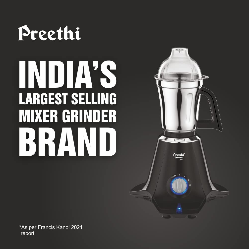 Preethi Taurus Pro MG-257 Mixer Grinder, 1000 watt, Black, 3 Jars, 2yr Guarantee & Lifelong Free Service