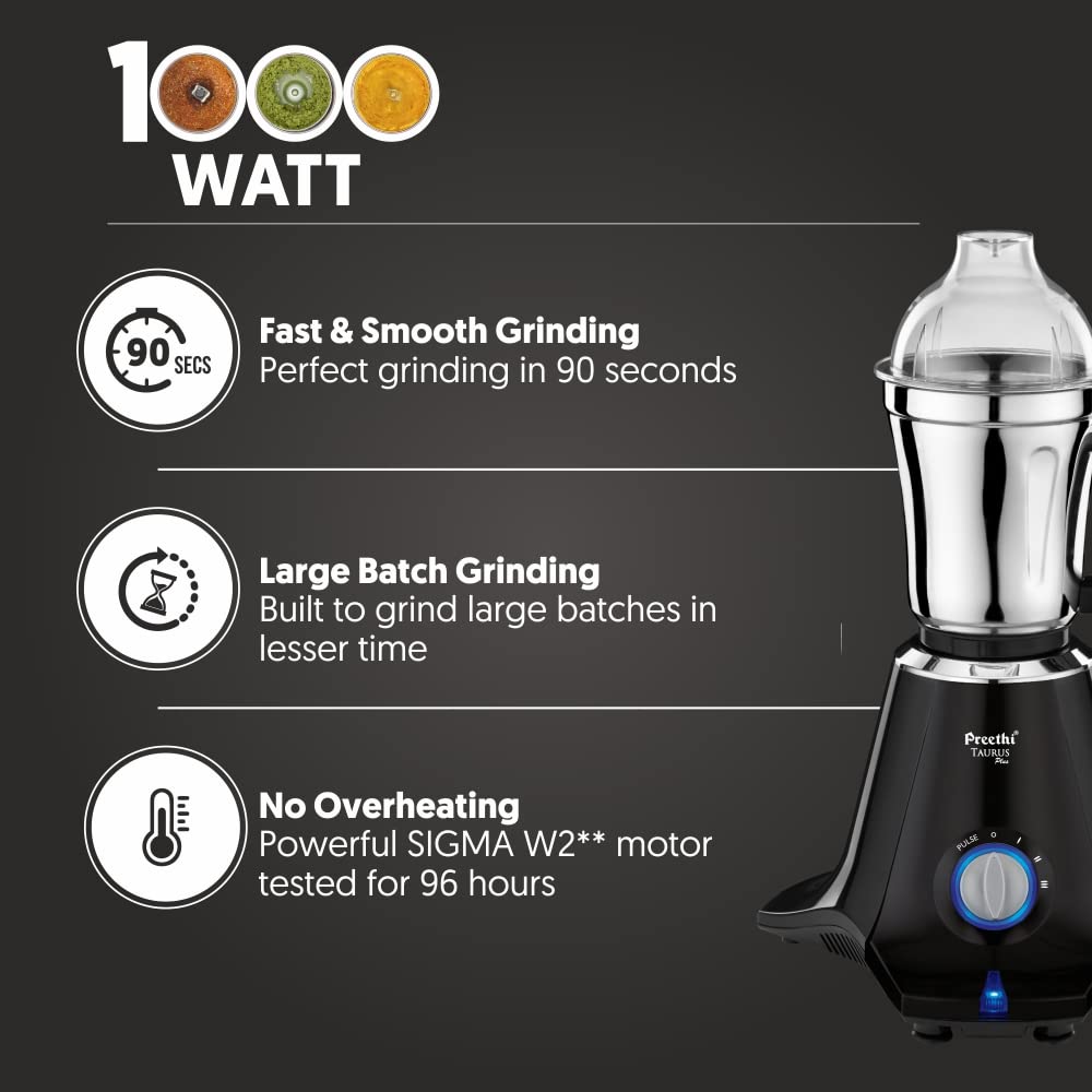 Preethi Taurus Plus MG-256 Mixer Grinder, 1000 Watt, Blue/Black 4 Jars - Super Extractor Juicer Jar, 2 Yr Product Guarantee & Lifelong Free Service(Metal)