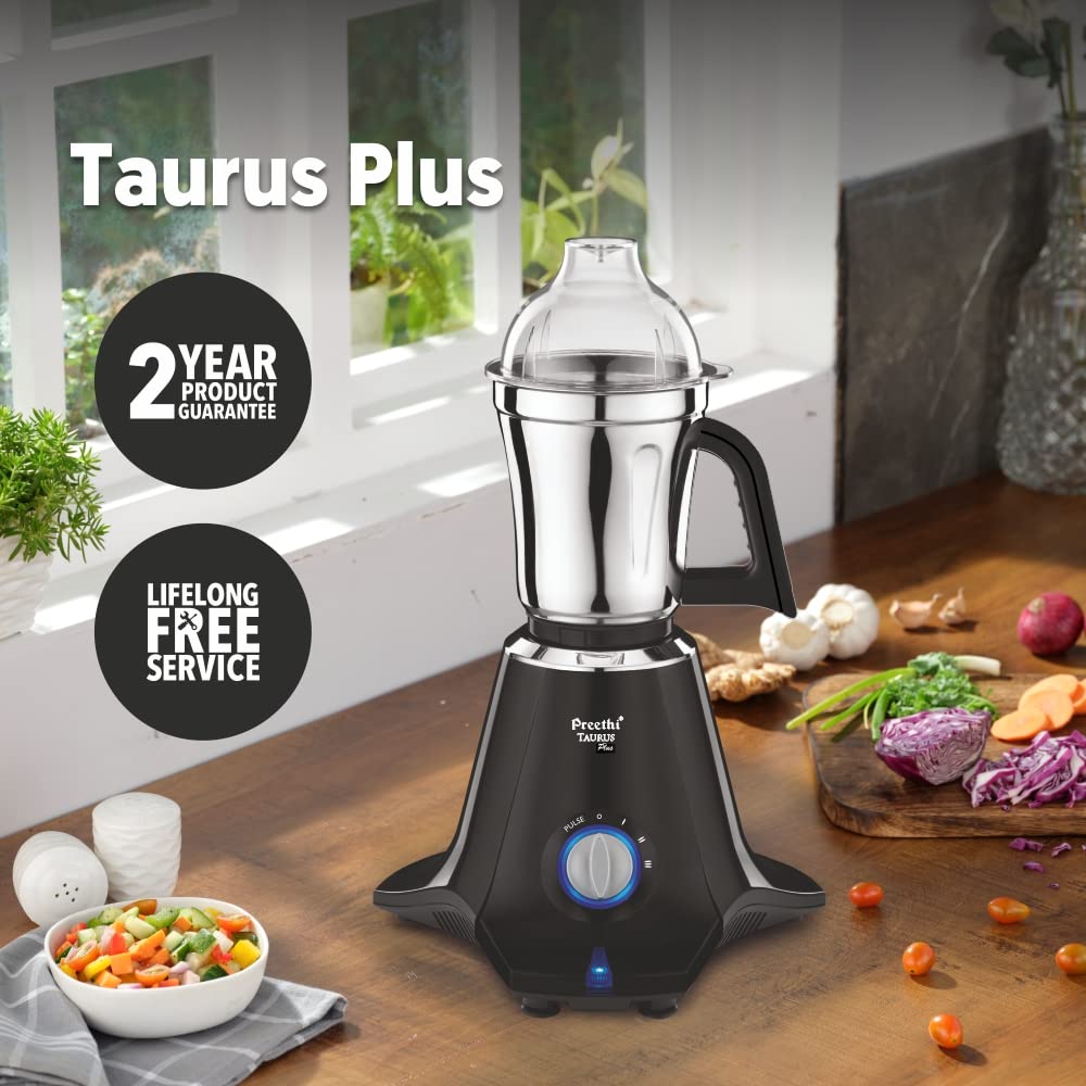 Preethi Taurus Plus MG-256 Mixer Grinder, 1000 Watt, Blue/Black 4 Jars - Super Extractor Juicer Jar, 2 Yr Product Guarantee & Lifelong Free Service(Metal)
