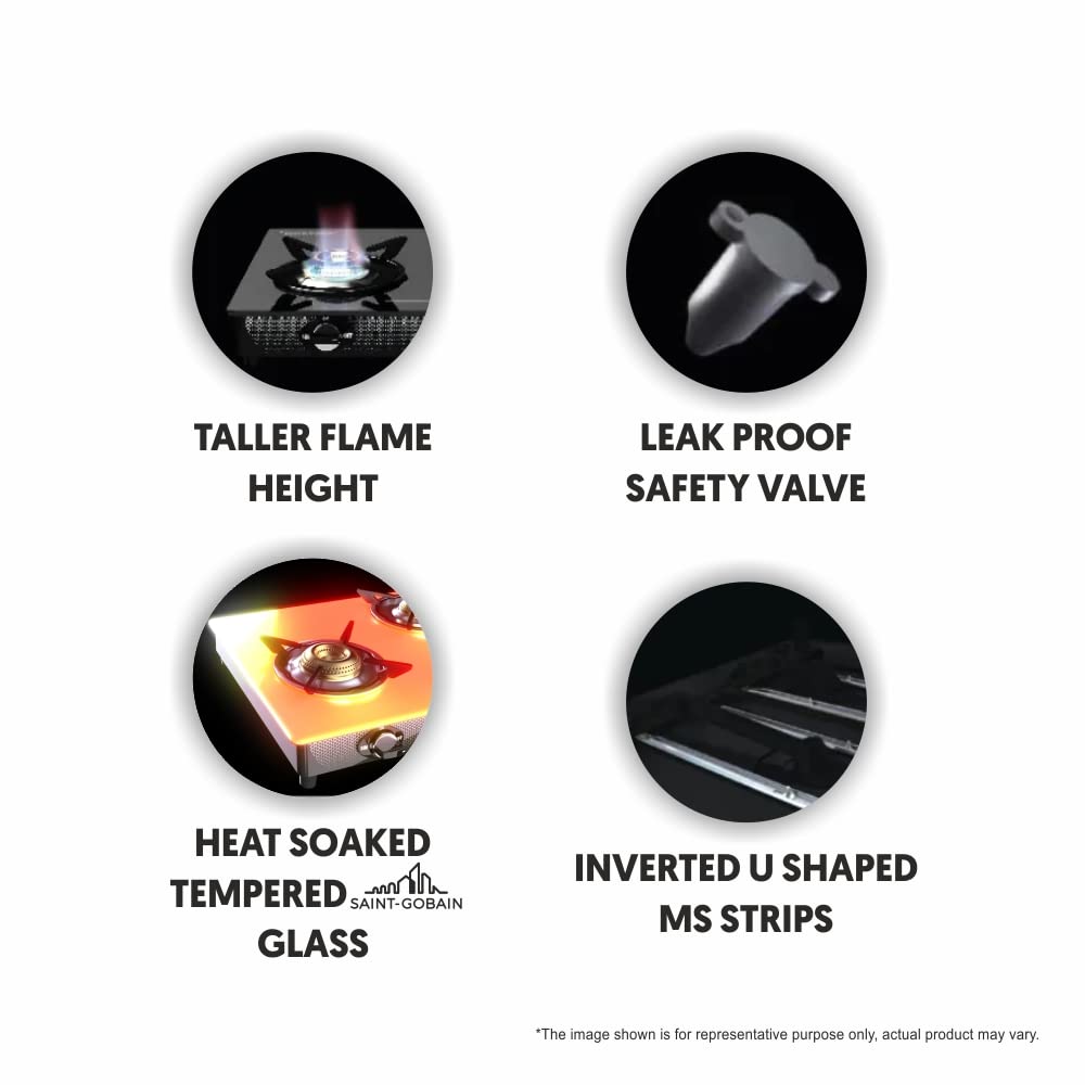 Preethi Valentino Carbon 3 Burner Glass Top Gas Stove, Black, GTS 121, Manual Ignition