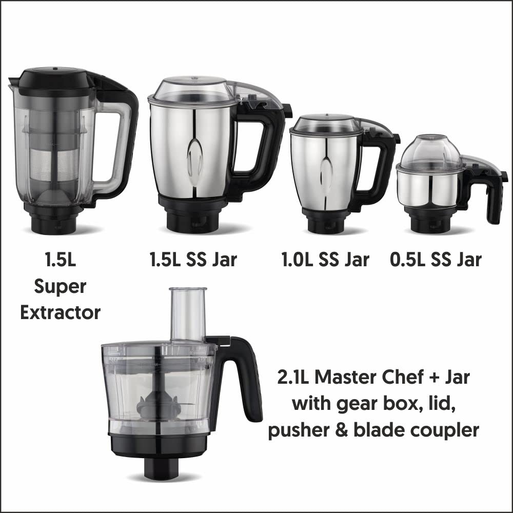 Preethi Zodiac Cosmo MG236 Mixer Grinder 750 watt with 5 Jars Includes Super Extractor juicer Jar & Master Chef + Food Processor Jar, Black