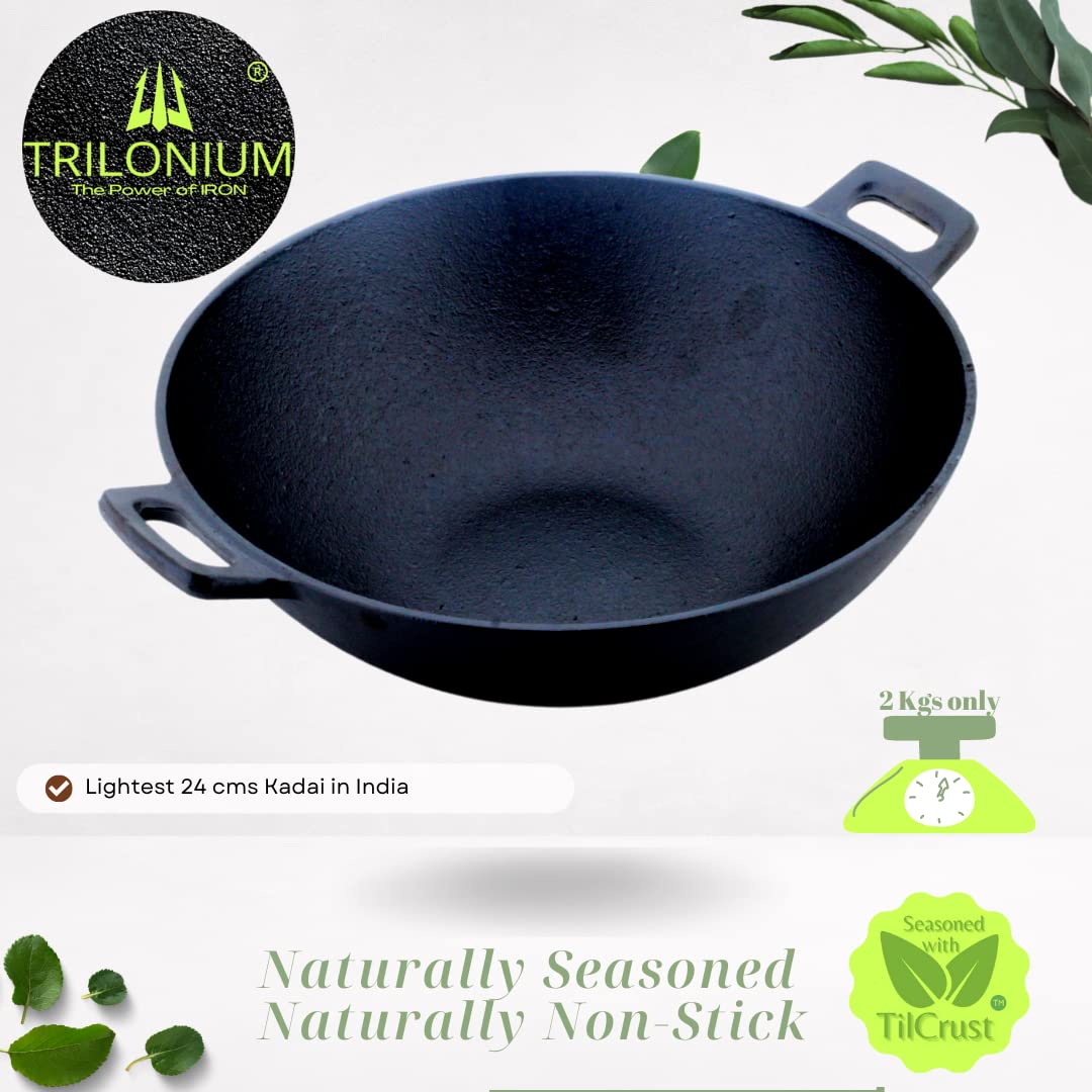 Cast Iron Kadhai | Sleek | Diameter 24 cms | Pre-Seasoned | Induction Compatible