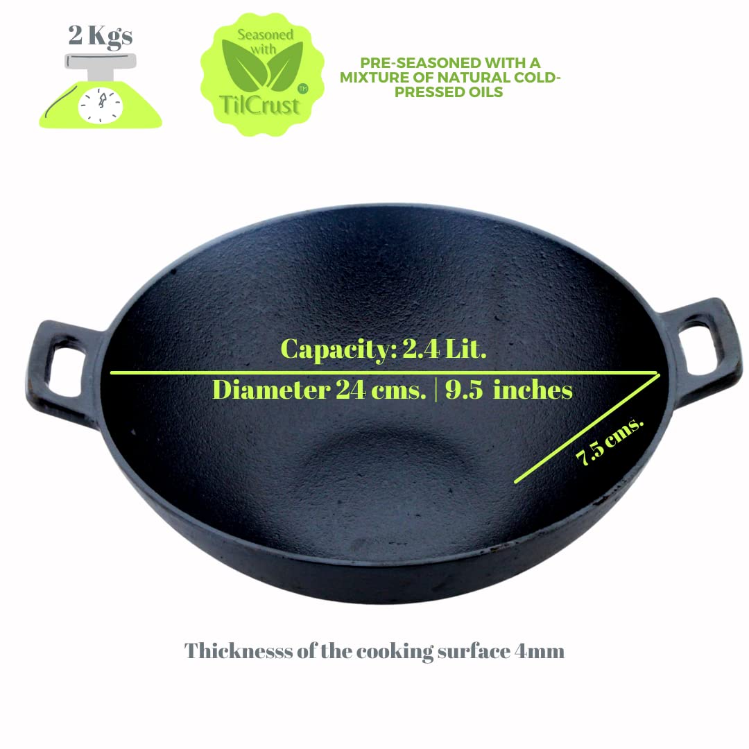 Cast Iron Kadhai | Sleek | Diameter 24 cms | Pre-Seasoned | Induction Compatible