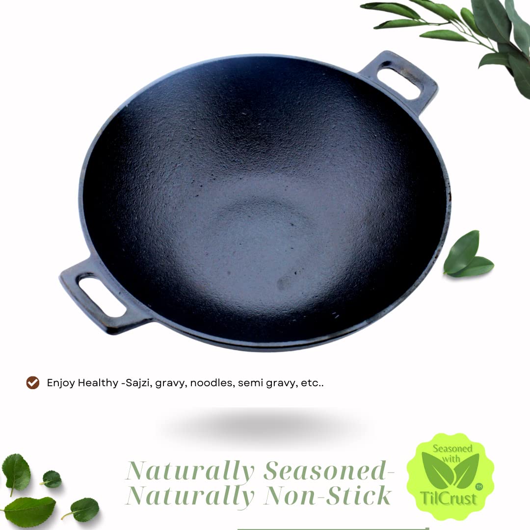 Cast Iron Kadhai | Sleek | Diameter 24 cms | Pre-Seasoned | Induction Compatible