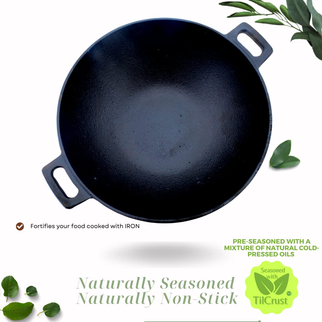 Cast Iron Kadhai | Sleek | Diameter 24 cms | Pre-Seasoned | Induction Compatible