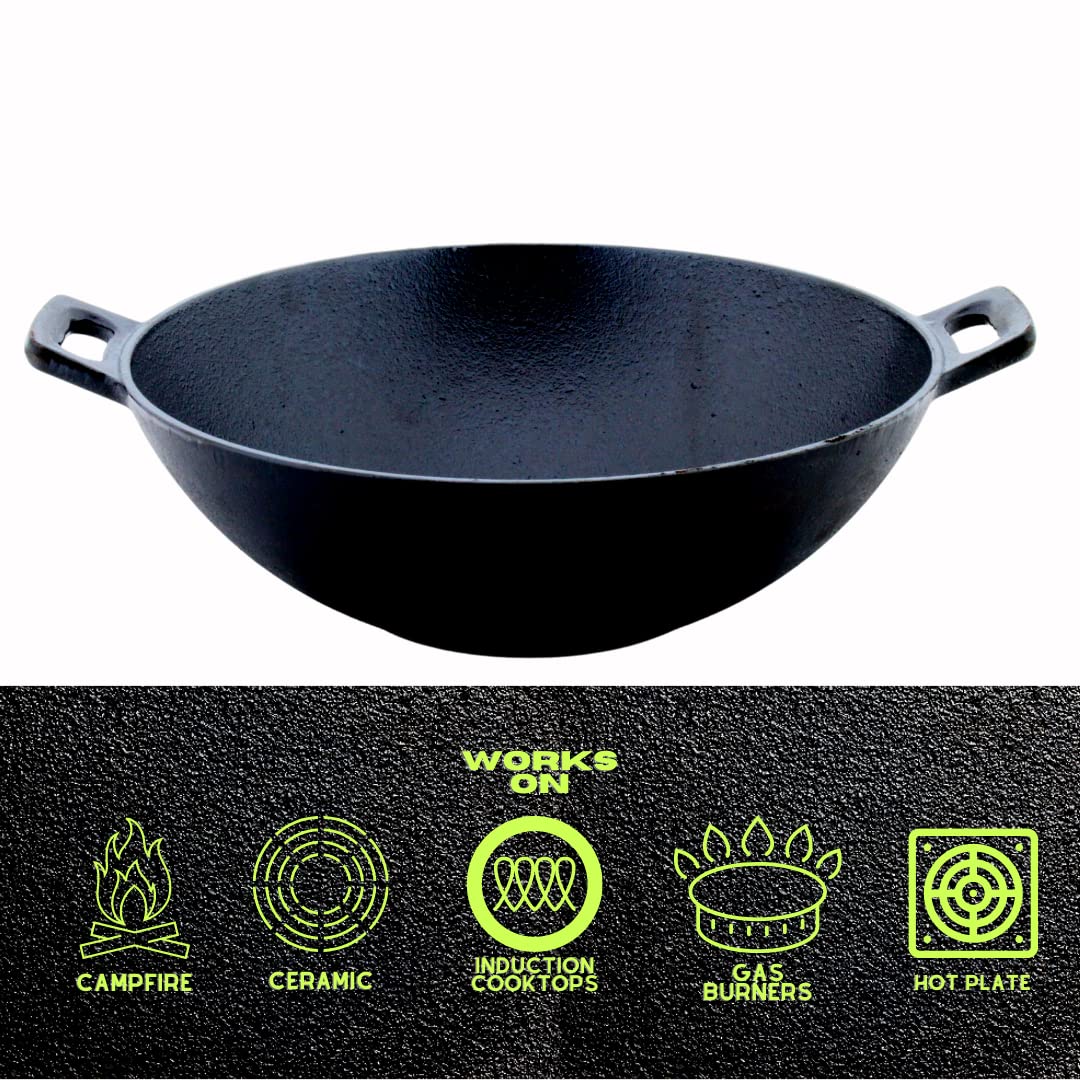 Cast Iron Kadhai | Sleek | Diameter 24 cms | Pre-Seasoned | Induction Compatible